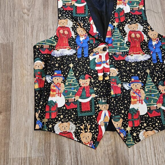 Vtg Christmas Teddy Bear Vest Womens M Waistcoat Cottagecore Artsy Holiday 90s - Picture 2 of 7